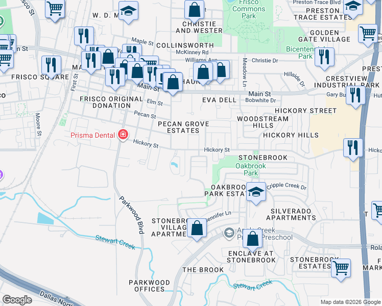map of restaurants, bars, coffee shops, grocery stores, and more near 7506 Acorn Lane in Frisco