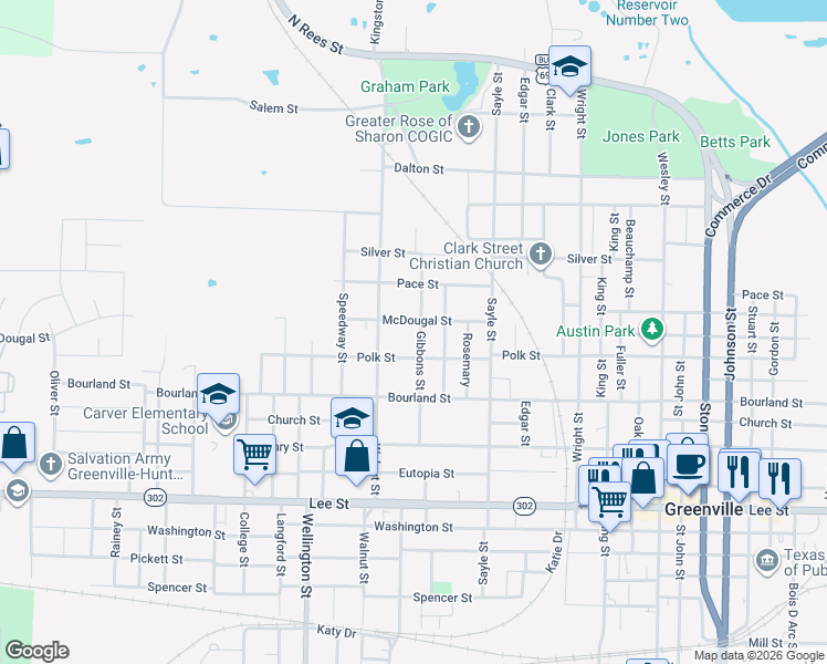map of restaurants, bars, coffee shops, grocery stores, and more near 3803 McDougal Street in Greenville