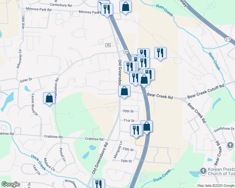 map of restaurants, bars, coffee shops, grocery stores, and more near 740 69th Street in Tuscaloosa