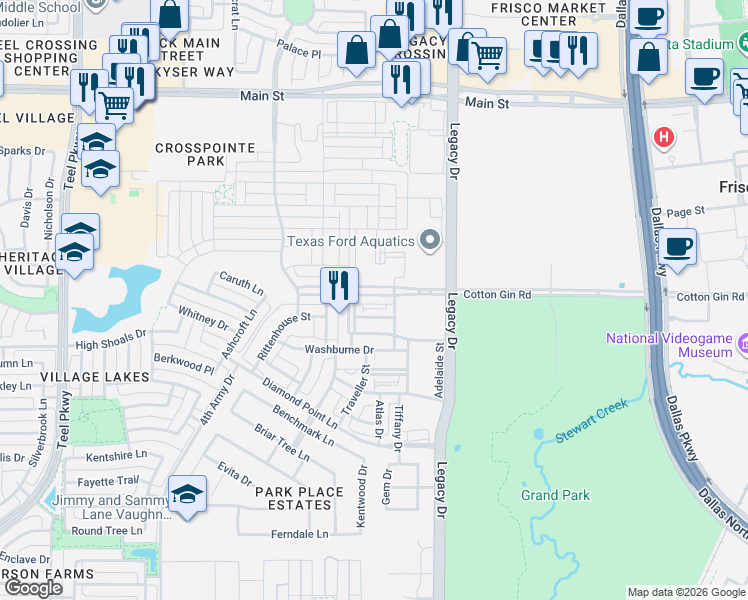 map of restaurants, bars, coffee shops, grocery stores, and more near 4255 Cotton Gin Road in Frisco