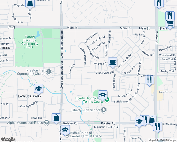 map of restaurants, bars, coffee shops, grocery stores, and more near 15074 Crape Myrtle Road in Frisco