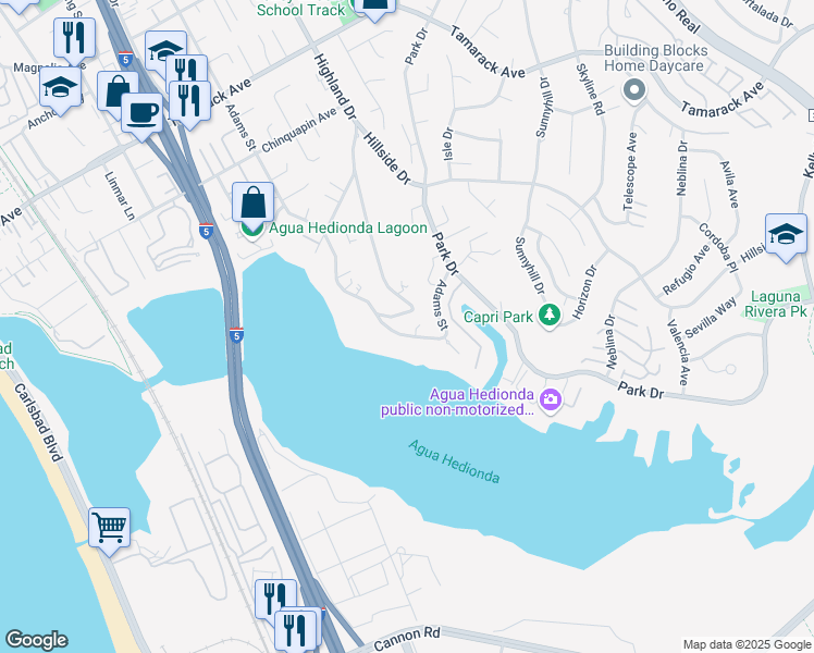 map of restaurants, bars, coffee shops, grocery stores, and more near Adams Street in Carlsbad