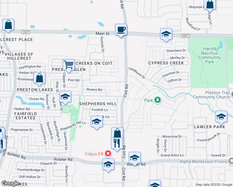 map of restaurants, bars, coffee shops, grocery stores, and more near 12500 Canoe Road in Frisco