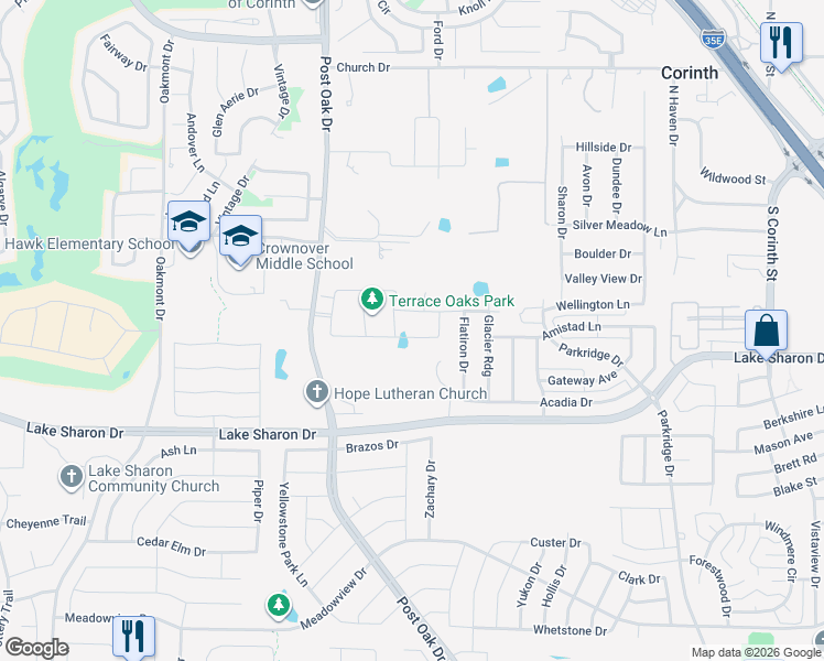 map of restaurants, bars, coffee shops, grocery stores, and more near 2205 Stanhill Drive in Denton