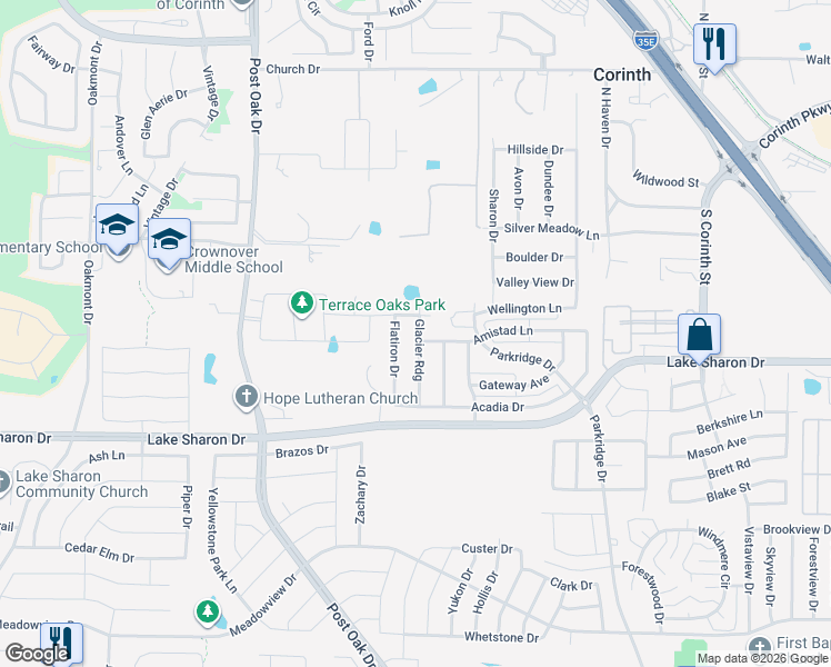 map of restaurants, bars, coffee shops, grocery stores, and more near 2307 Lake Sharon Drive in Corinth