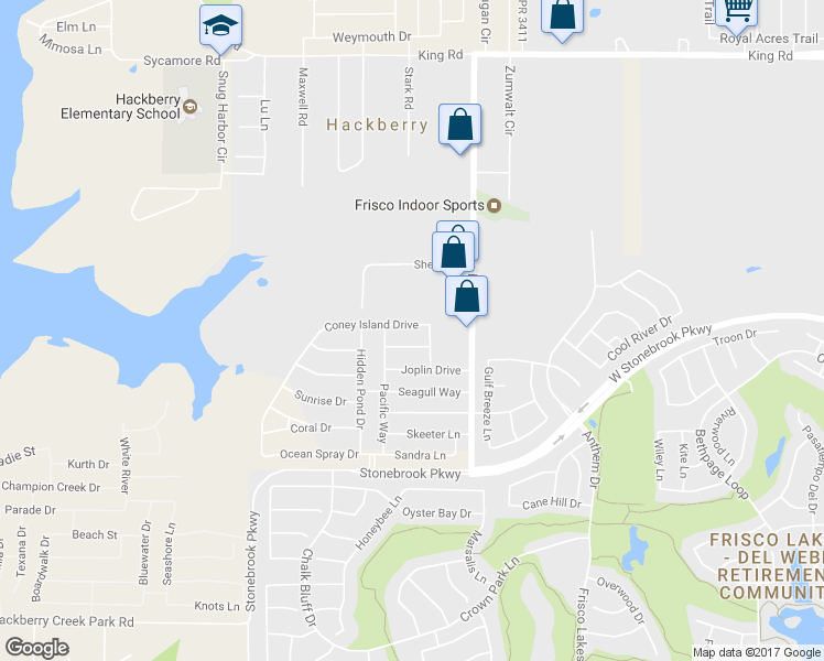 map of restaurants, bars, coffee shops, grocery stores, and more near 4217 Coney Island Drive in Frisco