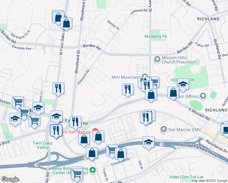 map of restaurants, bars, coffee shops, grocery stores, and more near 315 Sunbird Court in San Marcos