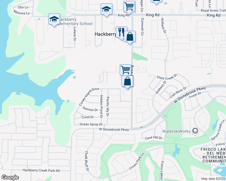 map of restaurants, bars, coffee shops, grocery stores, and more near 4305 Coney Island Drive in Frisco