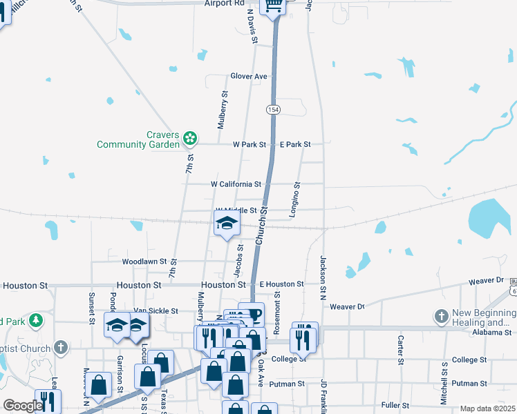 map of restaurants, bars, coffee shops, grocery stores, and more near 803 Church Street in Sulphur Springs