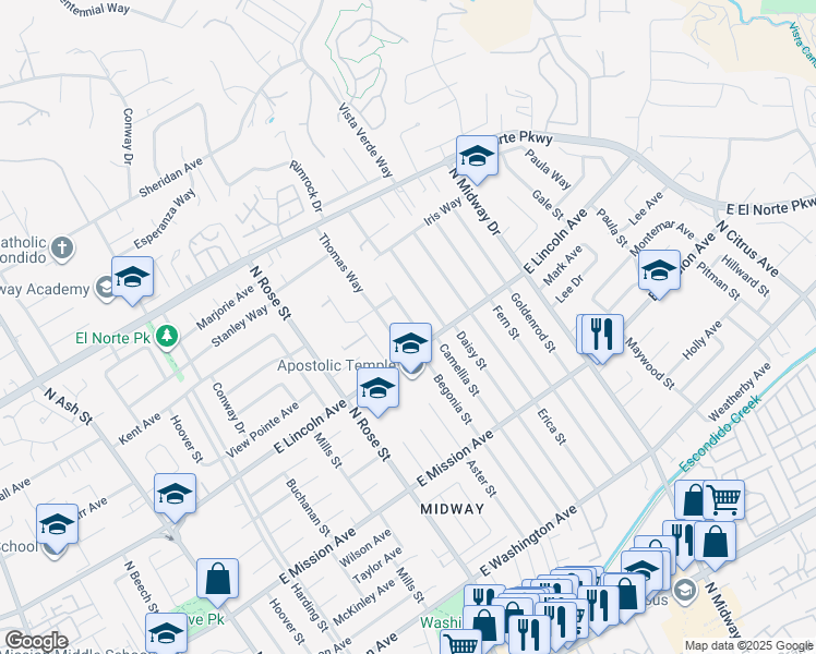 map of restaurants, bars, coffee shops, grocery stores, and more near 1010 Camellia Street in Escondido