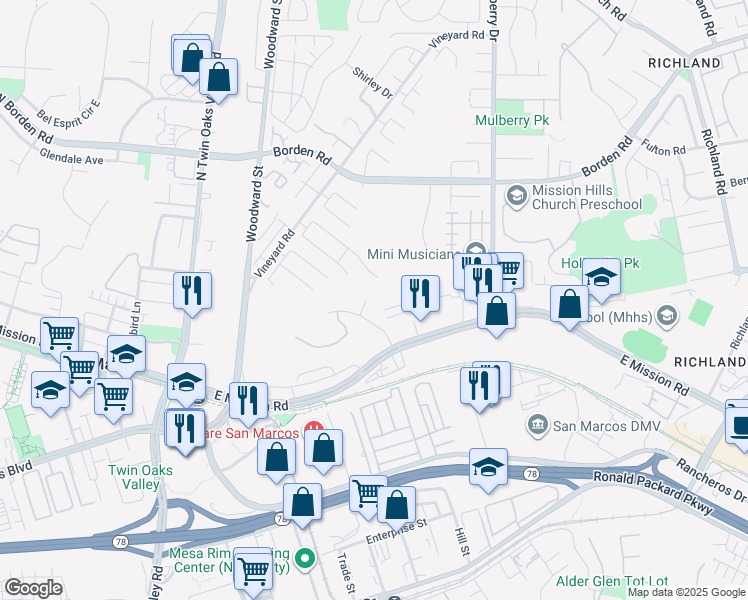 map of restaurants, bars, coffee shops, grocery stores, and more near 315 Sunbird Court in San Marcos
