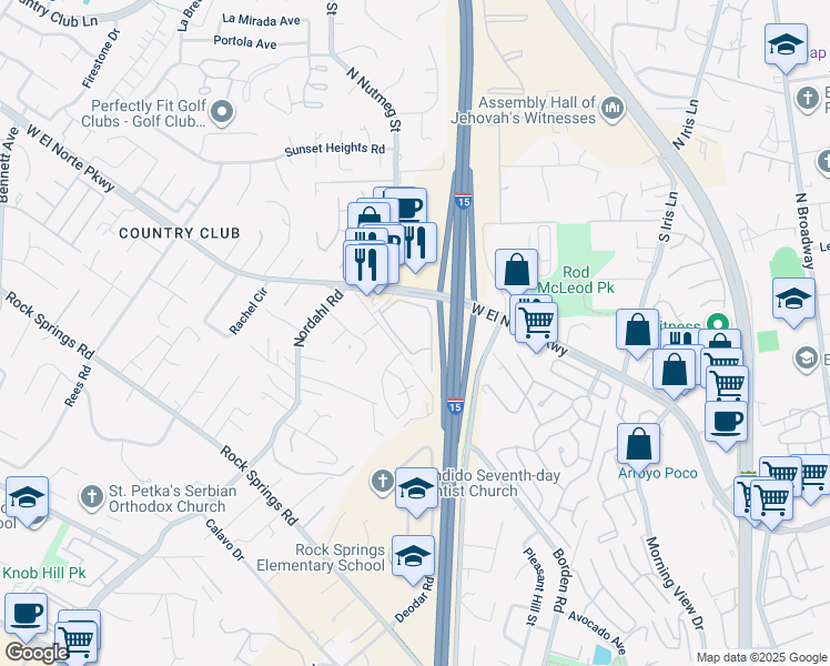map of restaurants, bars, coffee shops, grocery stores, and more near 1051 West El Norte Parkway in Escondido