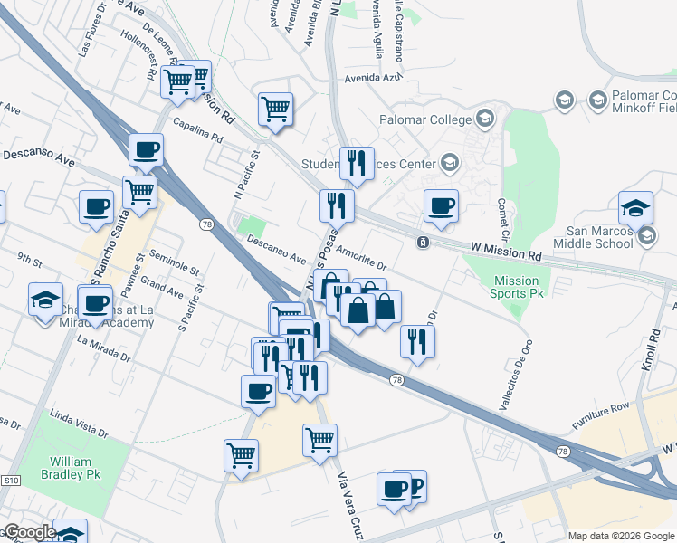 map of restaurants, bars, coffee shops, grocery stores, and more near 1257 North Las Posas Road in San Marcos
