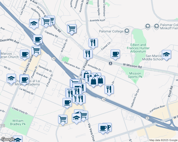 map of restaurants, bars, coffee shops, grocery stores, and more near 1257 North Las Posas Road in San Marcos