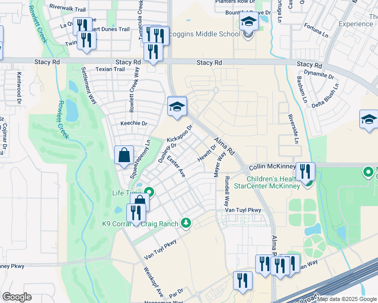 map of restaurants, bars, coffee shops, grocery stores, and more near 7205 Avondale Drive in McKinney