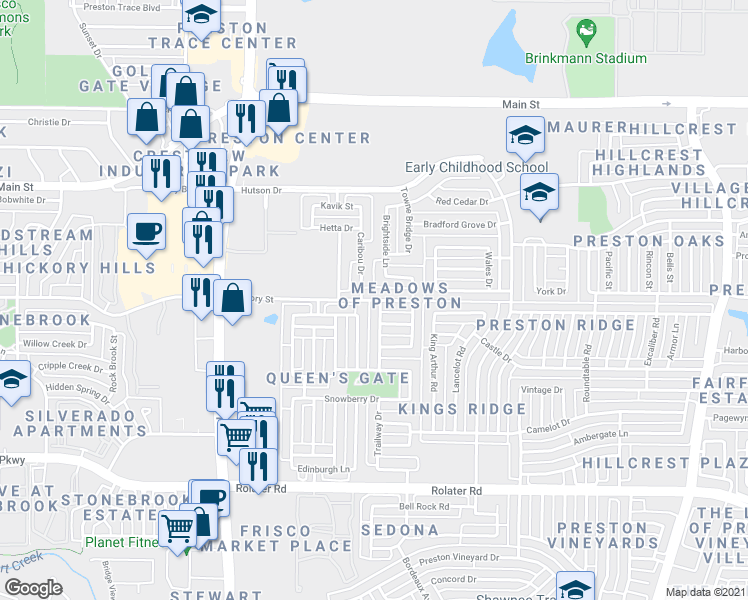 map of restaurants, bars, coffee shops, grocery stores, and more near 8620 Hickory Street in Frisco