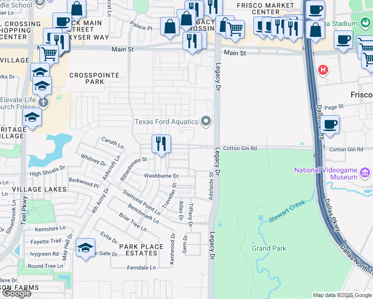 map of restaurants, bars, coffee shops, grocery stores, and more near 4255 Cotton Gin Road in Frisco