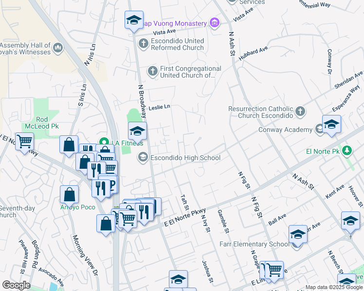 map of restaurants, bars, coffee shops, grocery stores, and more near 1546 Tutela Heights in Escondido