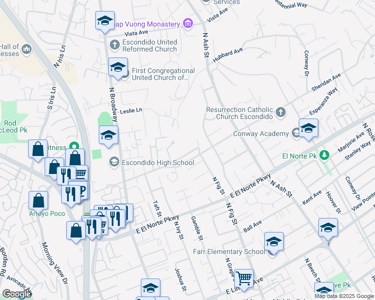 map of restaurants, bars, coffee shops, grocery stores, and more near 650 Sheridan Avenue in Escondido