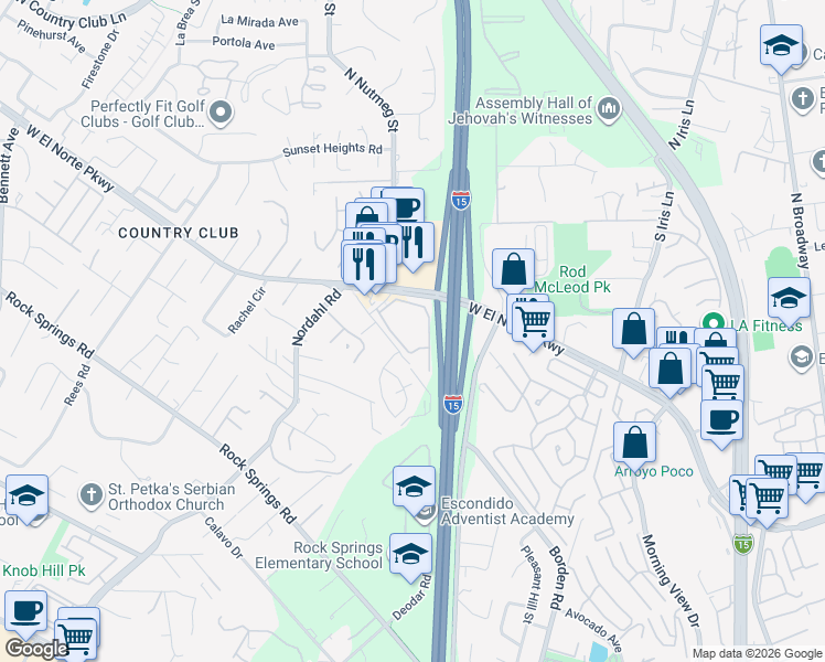 map of restaurants, bars, coffee shops, grocery stores, and more near 1051 West El Norte Parkway in Escondido
