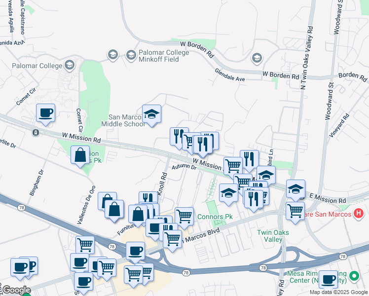 map of restaurants, bars, coffee shops, grocery stores, and more near 546 West Mission Road in San Marcos