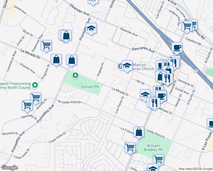 map of restaurants, bars, coffee shops, grocery stores, and more near 3456 La Mirada Drive in San Marcos