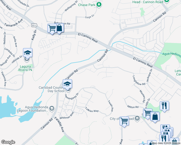 map of restaurants, bars, coffee shops, grocery stores, and more near 5093 Ashberry Road in Carlsbad