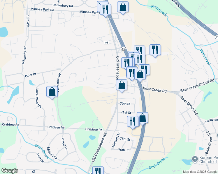 map of restaurants, bars, coffee shops, grocery stores, and more near 6802 Old Greensboro Road in Tuscaloosa