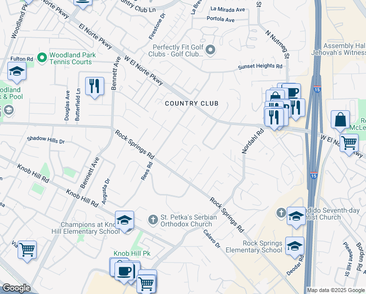 map of restaurants, bars, coffee shops, grocery stores, and more near 1209 Titan Court in Escondido