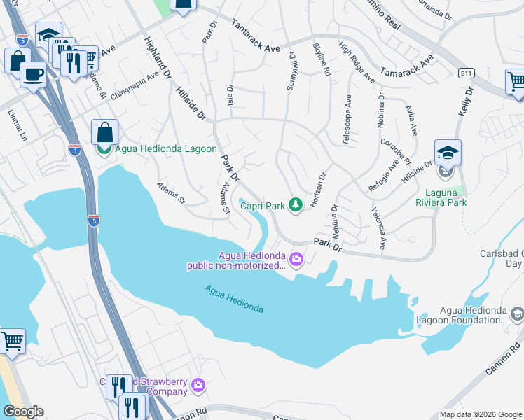 map of restaurants, bars, coffee shops, grocery stores, and more near 4637 Park Drive in Carlsbad
