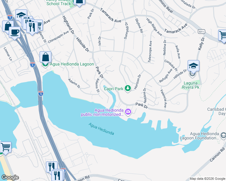map of restaurants, bars, coffee shops, grocery stores, and more near 4653 Park Drive in Carlsbad