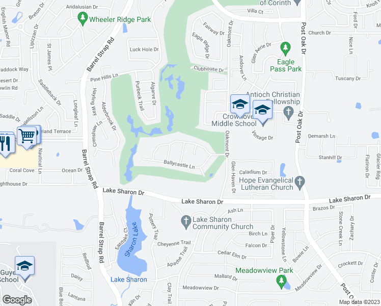 map of restaurants, bars, coffee shops, grocery stores, and more near 2205 Makena Court in Corinth