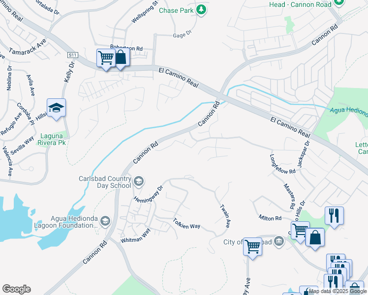 map of restaurants, bars, coffee shops, grocery stores, and more near 5077 Ashberry Road in Carlsbad