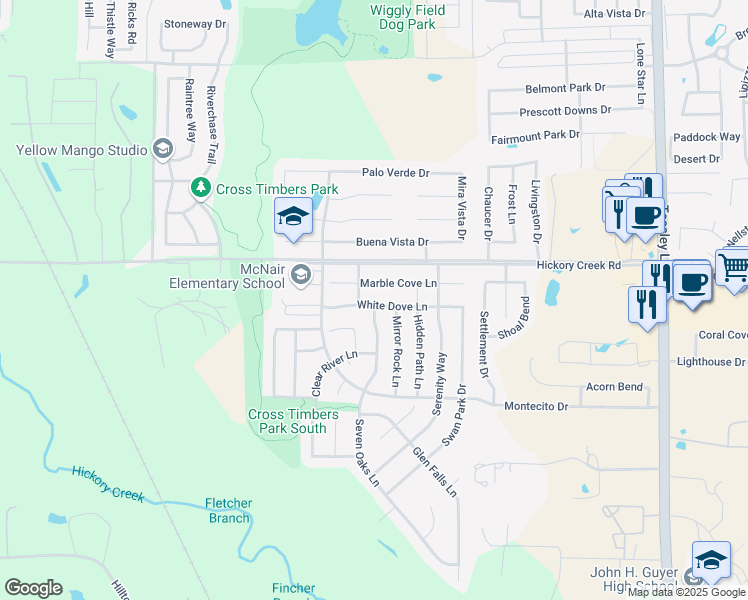 map of restaurants, bars, coffee shops, grocery stores, and more near 1409 White Dove Lane in Denton