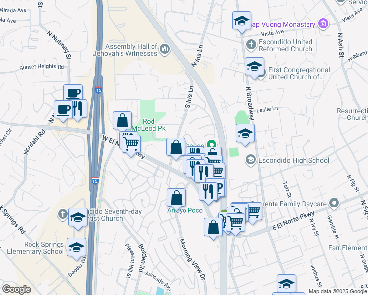 map of restaurants, bars, coffee shops, grocery stores, and more near 1620 South Iris Lane in Escondido
