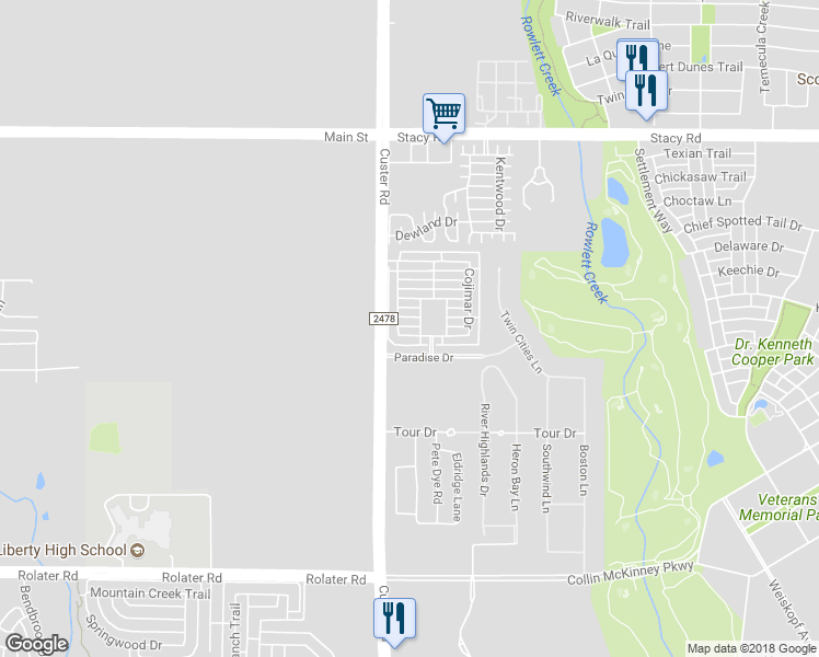 map of restaurants, bars, coffee shops, grocery stores, and more near 8920 Trolley Dr in McKinney