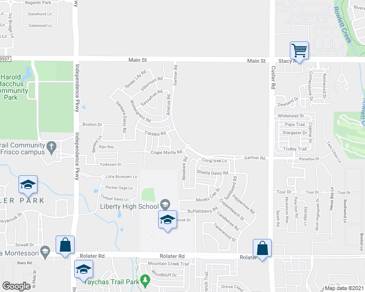 map of restaurants, bars, coffee shops, grocery stores, and more near 15480 Crape Myrtle Road in Frisco
