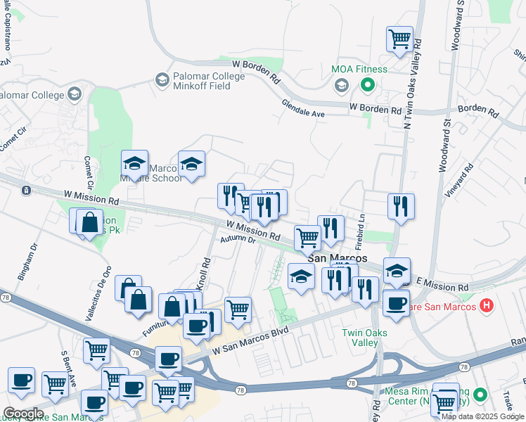 map of restaurants, bars, coffee shops, grocery stores, and more near 340 Marcos Street in San Marcos