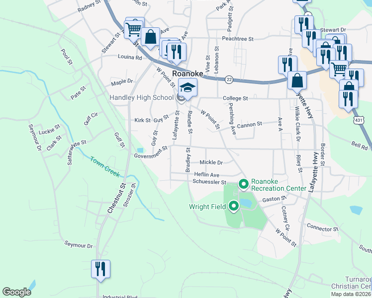 map of restaurants, bars, coffee shops, grocery stores, and more near 212 Government Street in Roanoke