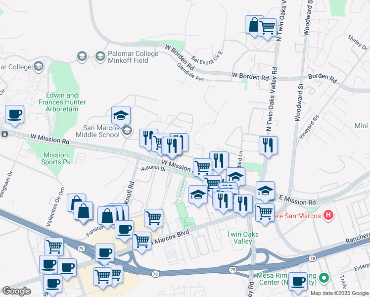 map of restaurants, bars, coffee shops, grocery stores, and more near 350 Fitzpatrick Road in San Marcos