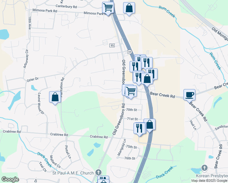 map of restaurants, bars, coffee shops, grocery stores, and more near 6802 Old Greensboro Road in Tuscaloosa