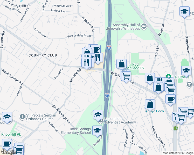map of restaurants, bars, coffee shops, grocery stores, and more near 1051 West El Norte Parkway in Escondido