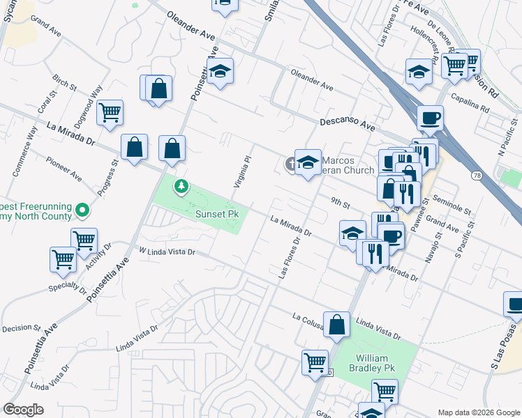 map of restaurants, bars, coffee shops, grocery stores, and more near 3456 La Mirada Drive in San Marcos