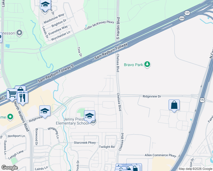 map of restaurants, bars, coffee shops, grocery stores, and more near 2521-2625 Chelsea Boulevard in Allen