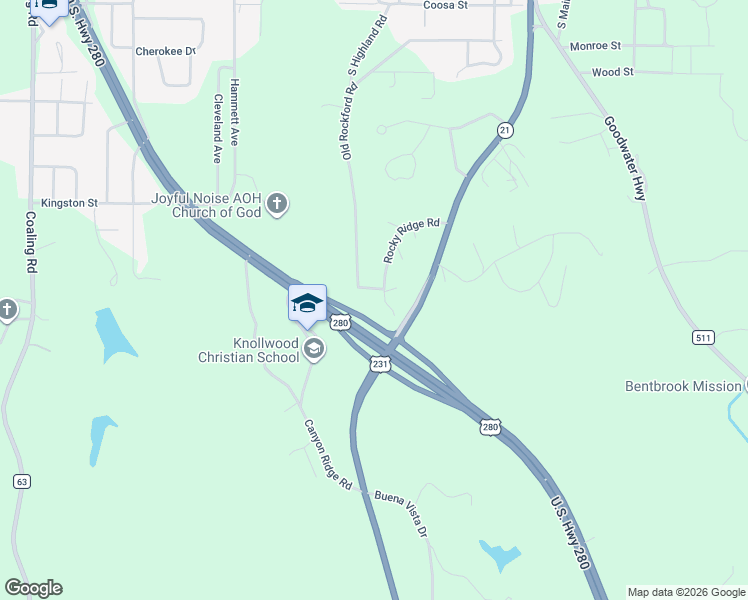 map of restaurants, bars, coffee shops, grocery stores, and more near 129 Rocky Ridge Road in Sylacauga