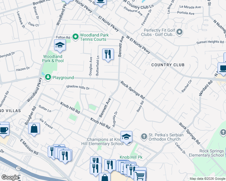 map of restaurants, bars, coffee shops, grocery stores, and more near 654 Bennett Avenue in San Marcos