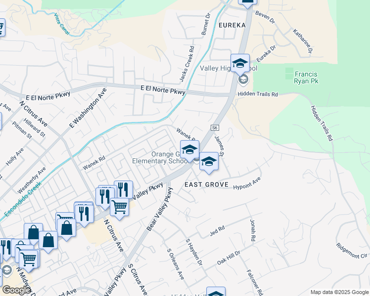 map of restaurants, bars, coffee shops, grocery stores, and more near 2812 East Valley Parkway in Escondido