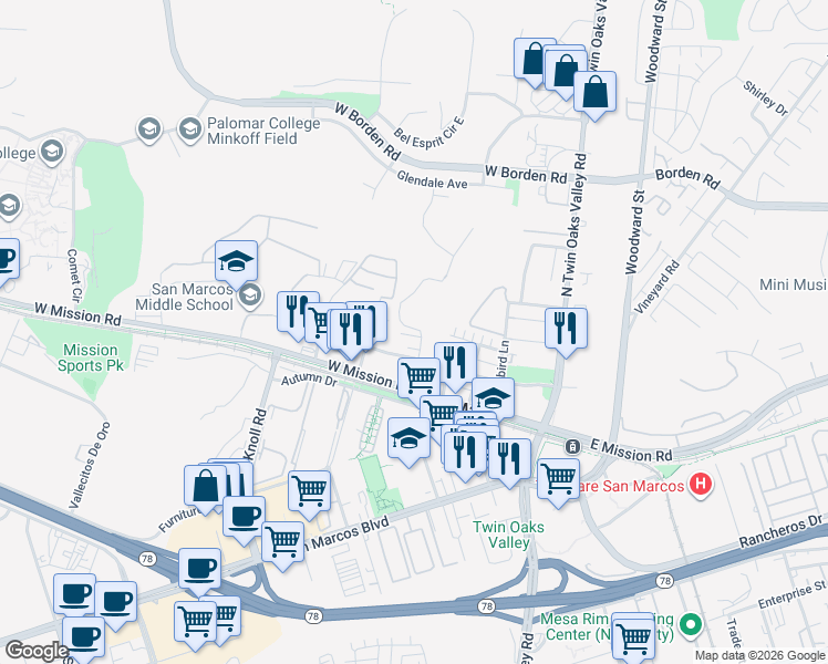 map of restaurants, bars, coffee shops, grocery stores, and more near 354 Fitzpatrick Road in San Marcos