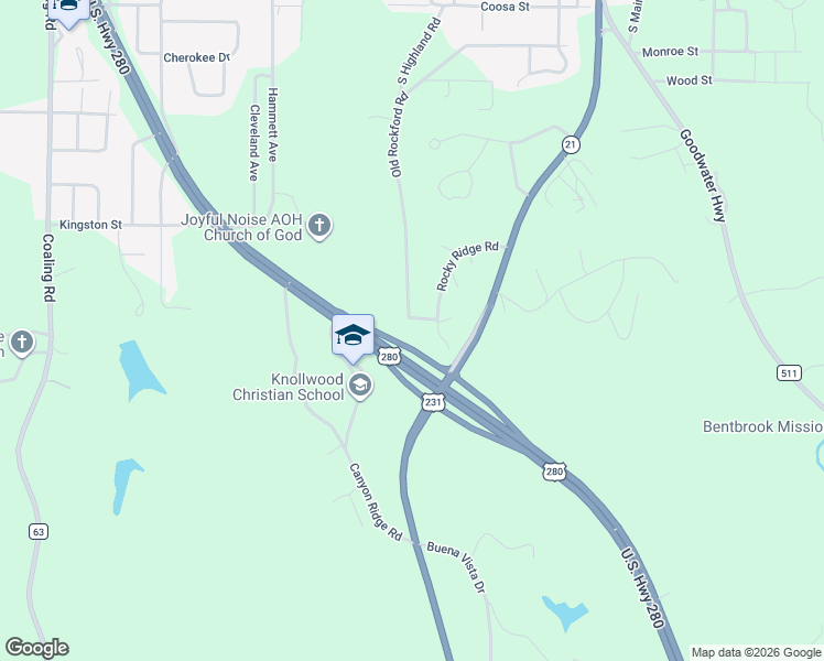 map of restaurants, bars, coffee shops, grocery stores, and more near 129 Rocky Ridge Road in Sylacauga