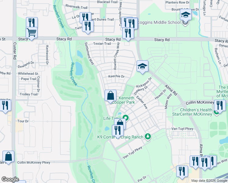 map of restaurants, bars, coffee shops, grocery stores, and more near 7900 Tonkawa Trail in McKinney